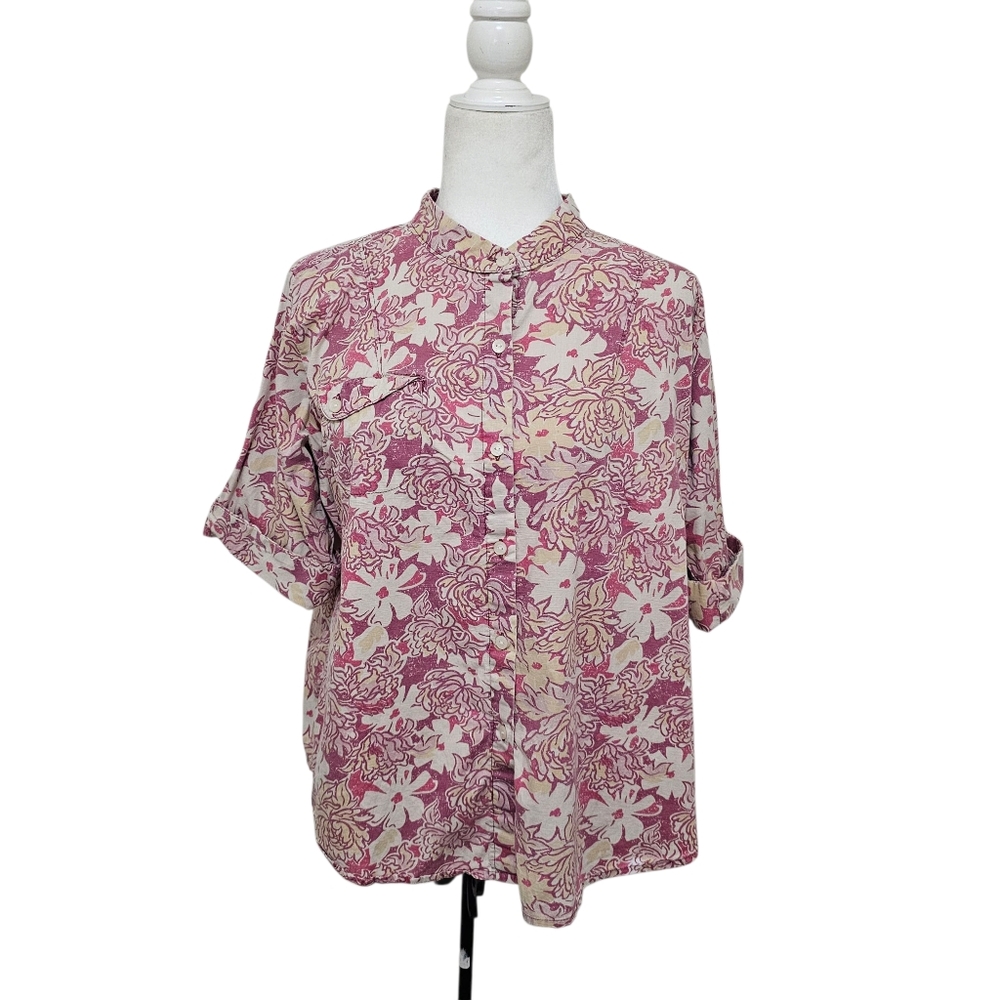 Woolrich Vintage Floral Blouse Short Sleeve Mauve And Gold 100% Cotton Large